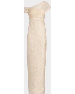 THEIA Zara One-Shoulder Metallic Jacquard Column Gown - Natural