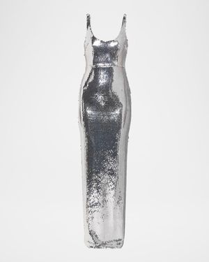 Alex Perry Sleeveless Sequined Column Singlet Gown - White