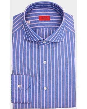 Isaia Cotton And Linen Stripe Dress Shirt - Blue