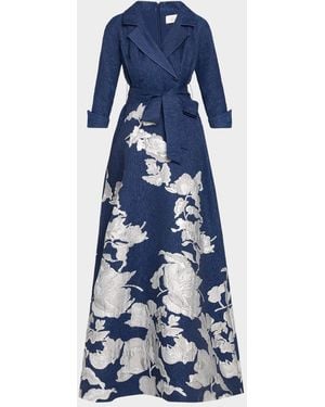 Teri Jon Metallic Floral Jacquard Shirt Gown - Blue