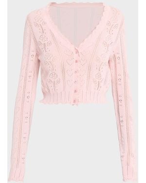 LoveShackFancy Sibella Pointelle Knit Crop V-Neck Cardigan - Pink