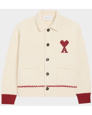 Ami Paris Ami De Coeur Embroidered Collared Cardigan - Natural