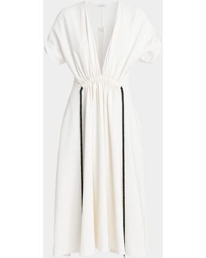 Ferragamo Plunging Gathered Short-Sleeve Midi Dress - White