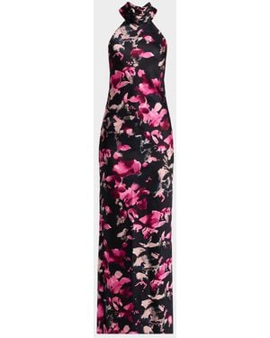 Ramy Brook Tatiana Floral-Print Halter Column Gown - White