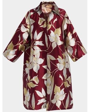 Eskandar Sloped Shoulder Wide A-Line Open Jacket With Collar - Red