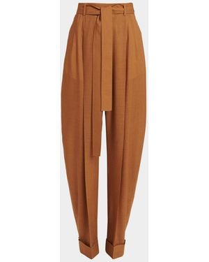 Ferragamo Pleated Wool Barrel-Leg Pants With Belt - Brown