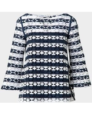 Akris Punto Kodak Striped Dot Guipure Trumpet-Sleeve Blouse - Blue