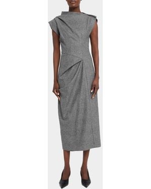 Michael Kors Plaid Wool Draped Midi Dress - Gray