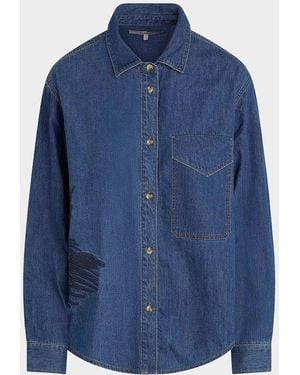 Hudson Jeans Embroidered Palm Oversized Button-Front Denim Shirt - Blue