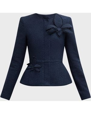Oscar de la Renta Peplum Orchid Applique Wool Tweed Jacket - Blue