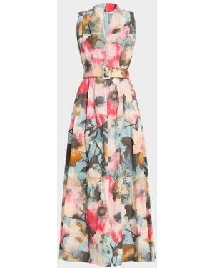 Lela Rose Floral-Print Cotton Sleeveless Midi Dress With Belt - White