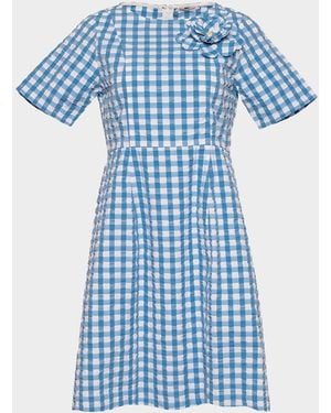 Frances Valentine Michelle Flower-Embellished Gingham Midi Dress - Blue
