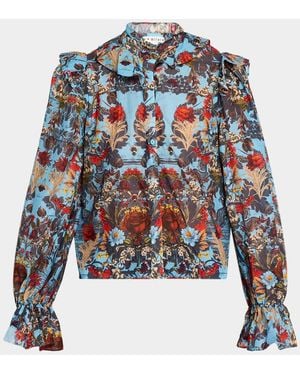 Alice + Olivia Bernice Ruffled Floral Cotton Blouse - White