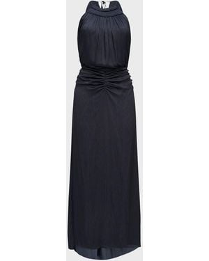 Halston High-Low Slub Micro Satin Halter Gown - Blue