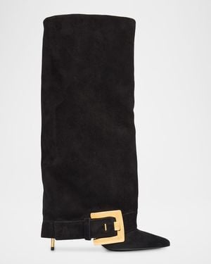 Balmain Anthem Suede Buckle Knee-High Boots - Black