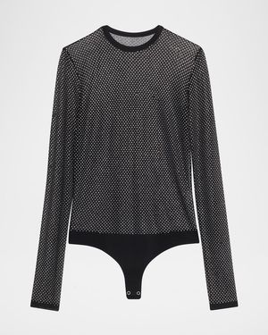 Michael Kors Long-Sleeve Crystal Mesh Crewneck Bodysuit - Black