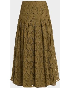 Max Mara Pleated Floral Lace Midi Skirt - Green