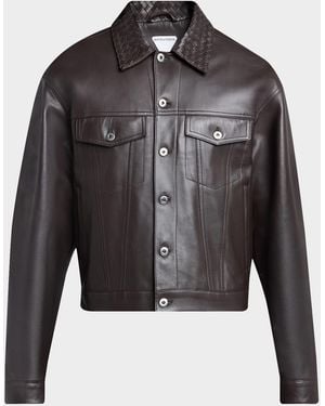 Bottega Veneta Apos;S Intrecciato-Collar Leather Jacket - Black