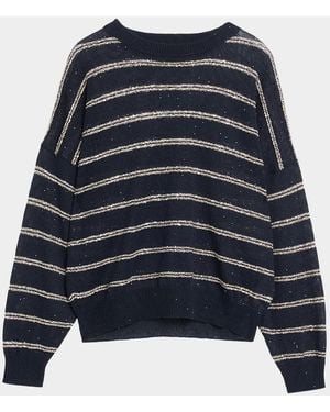 Brunello Cucinelli Linen Cotton Striped Knit Oversized Crewneck Sweater - Blue
