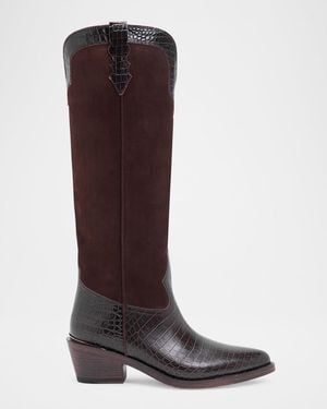 Partow Mira Mixed Leather Western Knee Boots - Brown