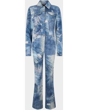Roberto Cavalli Patchwork Denim Long-Sleeve Bootcut Jumpsuit - Blue