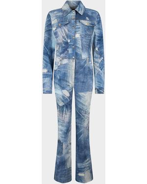 Roberto Cavalli Patchwork Denim Long-Sleeve Bootcut Jumpsuit - Blue