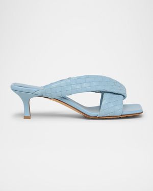 Bottega Veneta Riva Micro Woven Nappa Leather Kitten-Heel Sandals - Blue