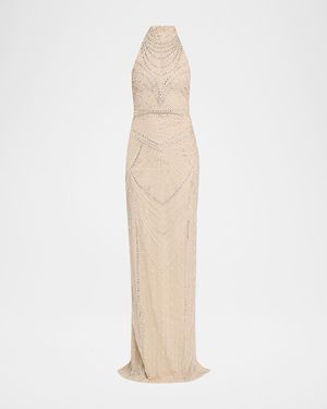 Pamella Roland Embroidered Tulle Halter Gown - Natural