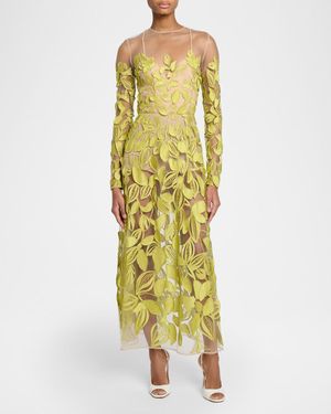Elie Saab Embroidered Tulle Long Dress in Green | Lyst