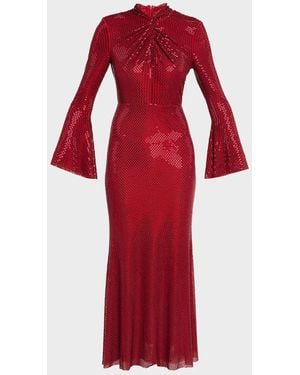 Self-Portrait Rhinestone-Mesh Twist Midi Dress - Red