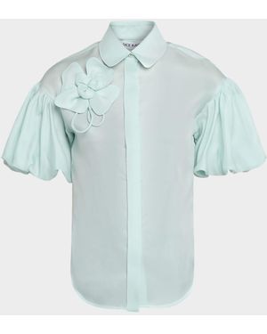 Dice Kayek Flower Applique Silk Puff-Sleeve Shirt - Blue