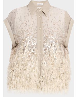 Brunello Cucinelli Sequin & Feather Silk Chiffon Blouse - Natural