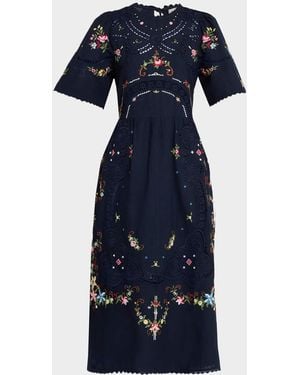 Sea Edwina Embroidered Midi Dress - Blue