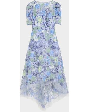 Teri Jon High-Low Embroidered Tulle Maxi Dress - Blue