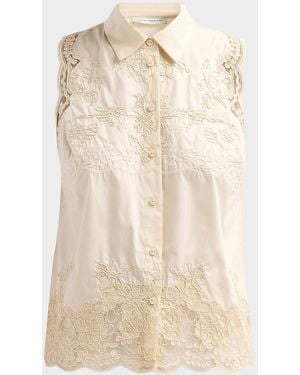 Tahari July The Ivy Embroidered Cotton Lace Blouse - Natural