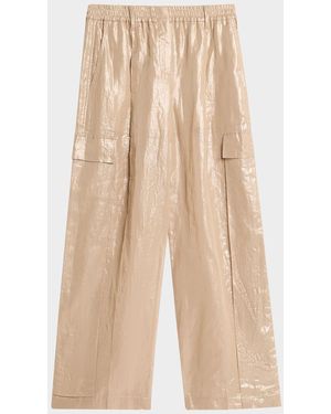 Brunello Cucinelli Metallic Cotton Gauze Wide-Leg Explorer Pants - Natural