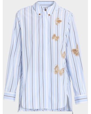 Dice Kayek Butterfly Embroidered Striped Cotton Button-Down Shirt - Blue