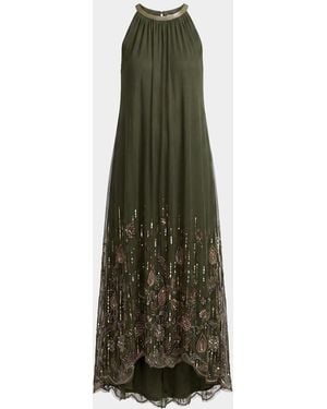Mac Duggal Sequined Pleated Halter Midi Dress - Green