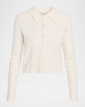 Lela Rose Pucker Dot Knit Collared Cardigan - White