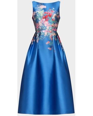 Kay Unger Dina Floral Mikado Tea-Length Dress - Blue