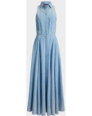 Ralph Lauren Sleeveless Cotton Denim Collared Maxi Day Shirtdress - Blue