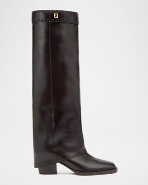 Fendi Vitello Fold Over Knee-High Leather Boots - Black