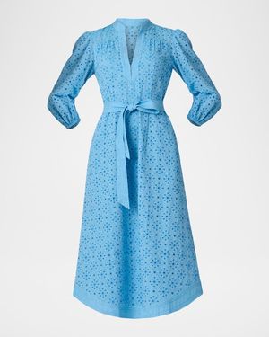 Shoshanna Adele Belted Eyelet-Embroidered Midi Dress - Blue