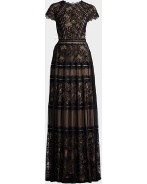 Tadashi Shoji Tiered Scallop-Trim Lace Gown - Black