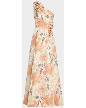 Aidan Mattox Pleated One-Shoulder Floral Jacquard Gown - Natural