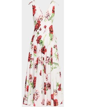 Oscar de la Renta Sleeveless V-Neck Peony-Print Poplin Day Dress - White