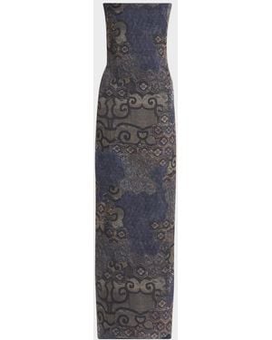 Giorgio Armani Strapless Tile-Print Silk Gown - Blue
