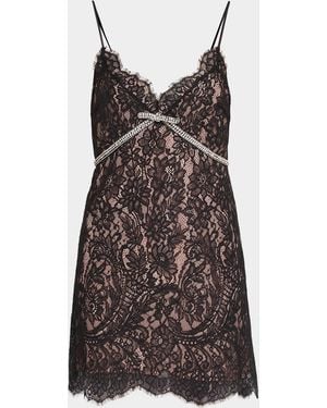 LoveShackFancy Eviara Lace Mini Dress With Crystal Bow - Brown