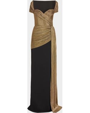 Badgley Mischka Draped Sweetheart Metallic Lame Column Gown - White