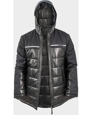 Maceoo Apos;S Hybrid Leather Hooded Bomber Jacket - Black